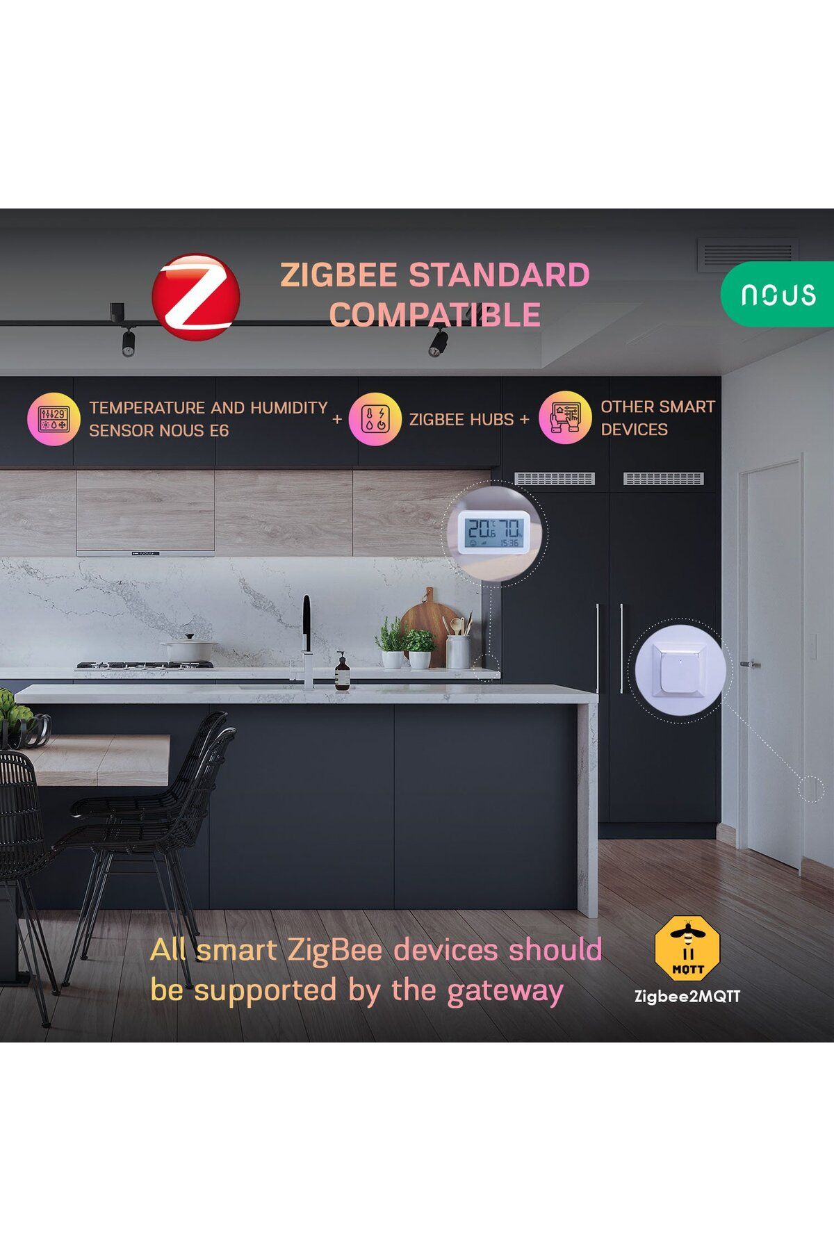 Nous-Smart Temperature and Humidity Sensor with E6 display, LCD, ZigBee 4