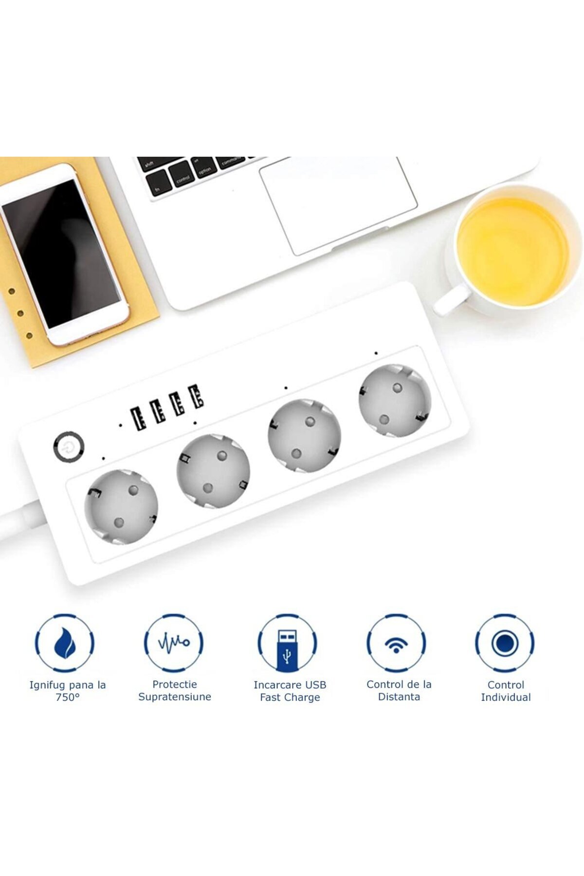 Rovo-Smart Extension Cord A26, Wifi, 16A, 4 Individual Sockets, 4 USB Tuya, Alexa, Google Assistant, 3