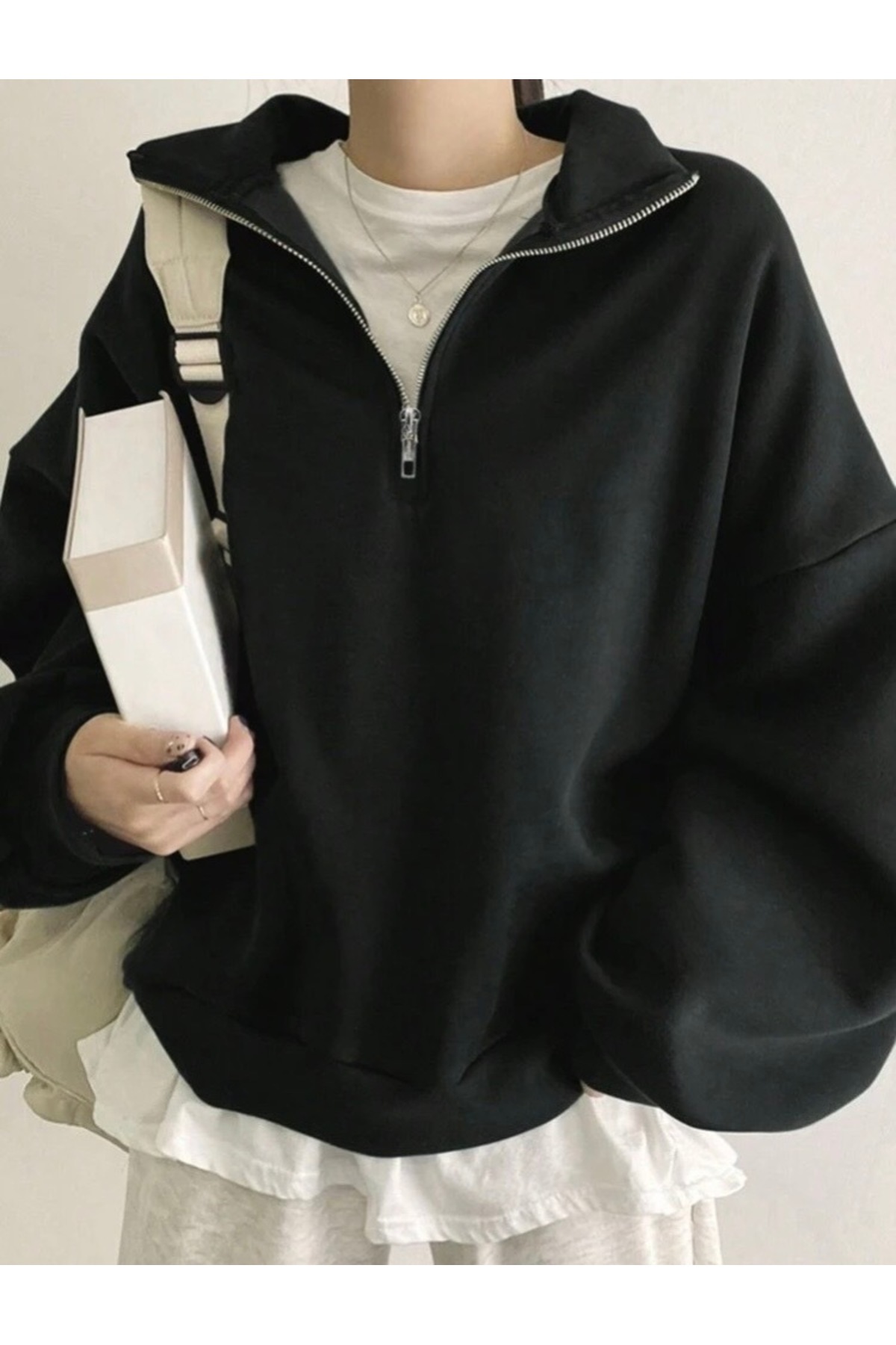 BYMEER Siyah Dik Yaka Fermuarlı Sweatshirt görsel 3