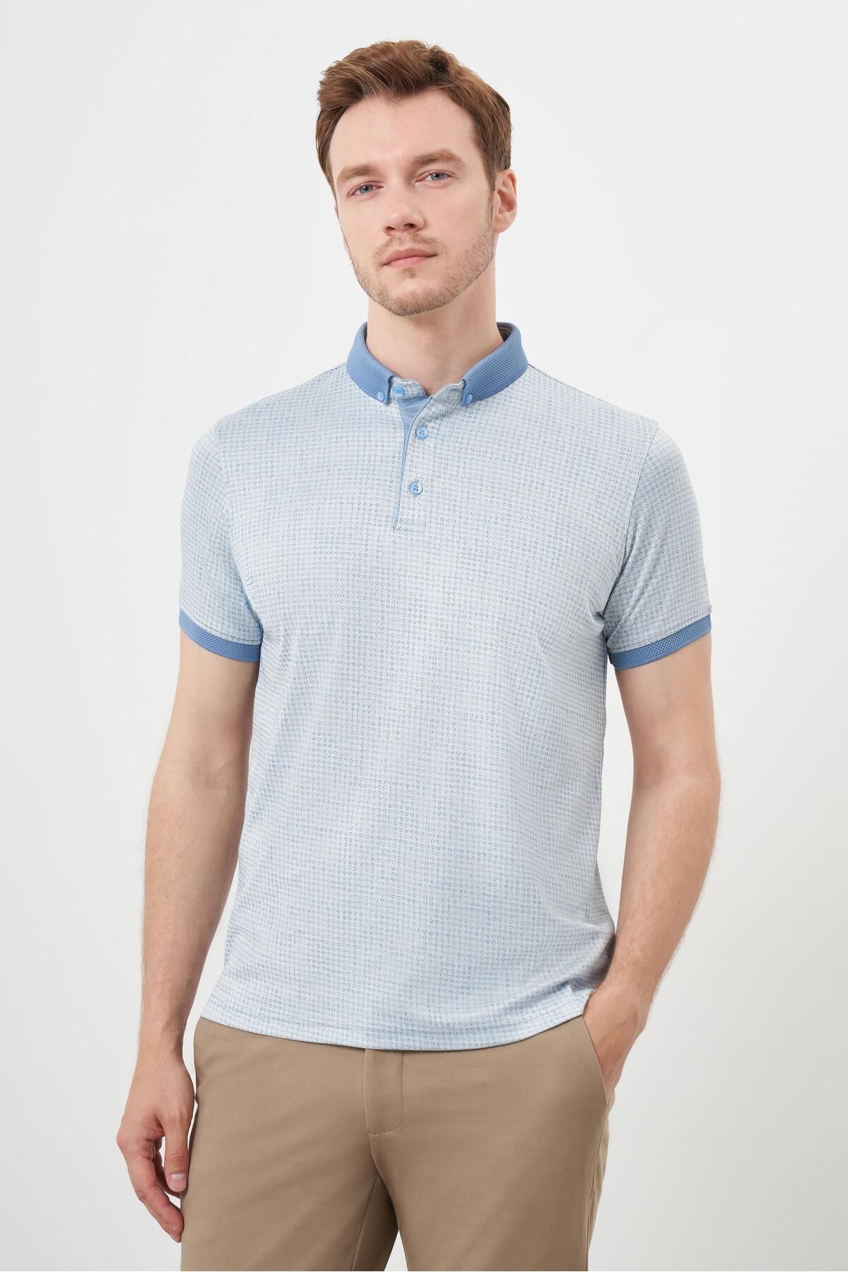 Morven-Men's A. Blue Trend Mercerized Jacquard Pattern Button-Down Collar Dynamic Fit T-Shirt 2