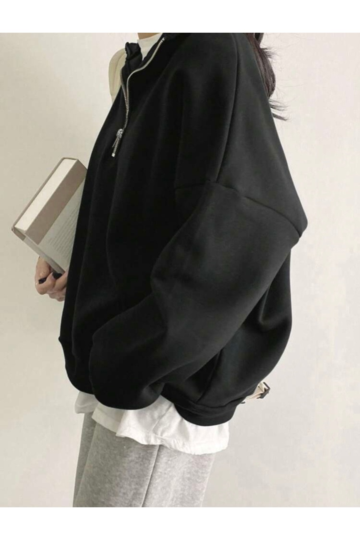 BYMEER Siyah Dik Yaka Fermuarlı Sweatshirt görsel 4