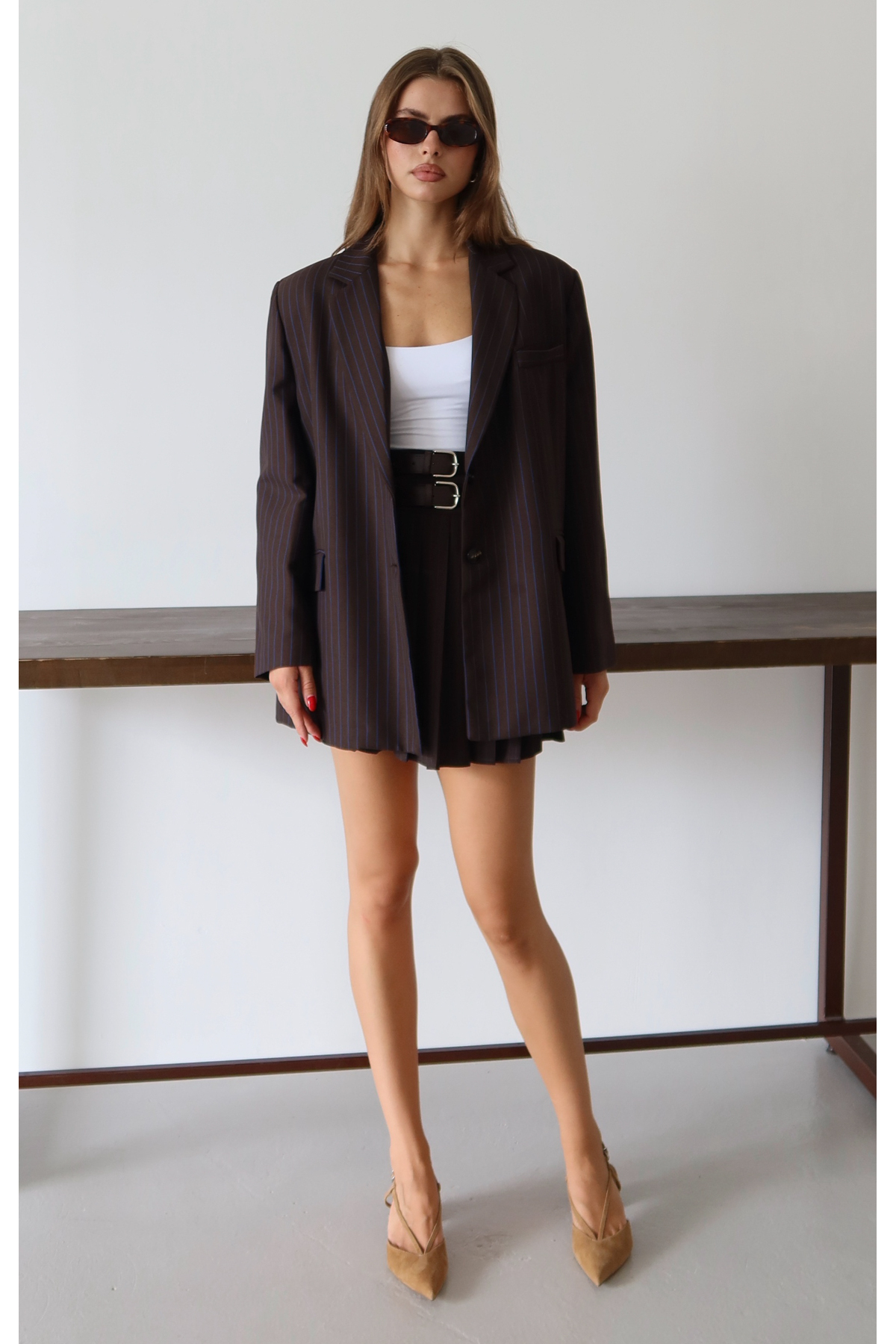 Trendyol Collection Blazer σακάκι oversize ριγέ καφέ σκούρο μπλε TWOAW26BC00025