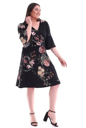 Kadın Siyah Kruvaze Yaka Volan Kol Çiçek Desenli Elbise KRV25