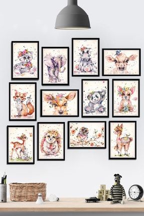12 Parça Çerçeve Görünümlü Çocuk Odası Bebek Hayvanlar Temalı Mdf Tablo Seti (80x80 Cm) Tontilika-12-14