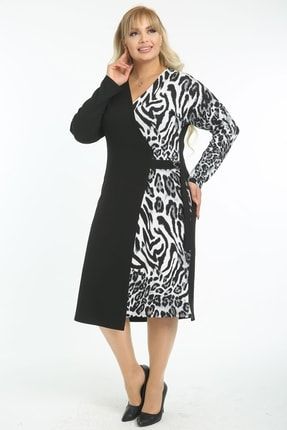 Kadın Büyük Beden Siyah-beyaz Leopar Garnili Elbise 202101