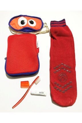 Kırmızı Çanta 16x12 Cm & Seyahat Seti - Uyku Çorabı Uyku Bandı Diş Fırçası Ve Macunu K-SET01