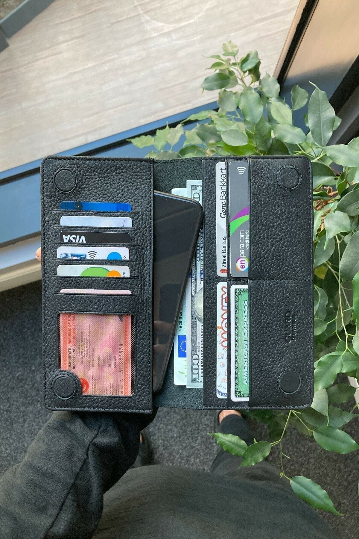 Telefon Girişli Deri Erkek/kadın Portföy Cüzdan - Siyah
