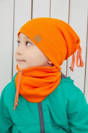 Erkek Bebek Çocuk Turuncu Ip Detaylı Şapka Bere Boyunluk Takım Rahat Kaşkorse BG85504ST
