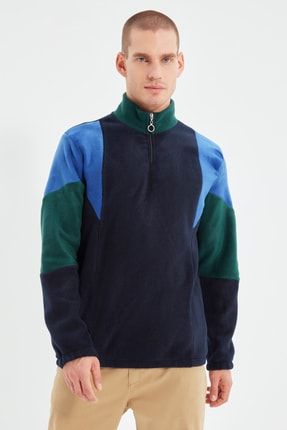 Lacivert Erkek Regular Fit Fermuarlı Dik Yaka Renk Bloklu Polar Sıcak Tutan Sweatshirt TMNAW22SW0044