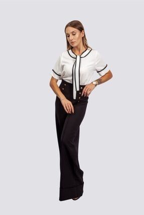 Moda Yüksek Bel Düğmeli Siyah Ispanyol Paça Pantolon 0000035