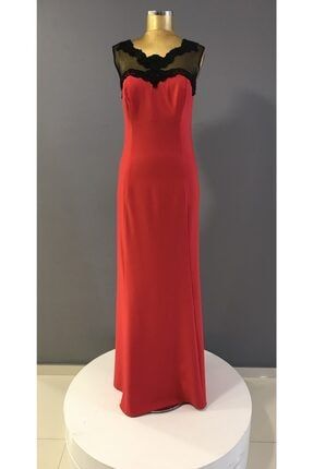 Kadın Tül Yaka Balık Model Kırmızı Uzun Abiye Elbise K:463 FİSTAN 463
