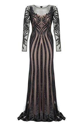 Siyah Bej Transparan Simli Uzun Abiye Elbise AS19LB1190