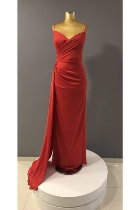 Kadın Kırmızı Renk Ince Askılı Uzun Saten Abiye Elbise Trendabiye K:79196 PROTO 79196