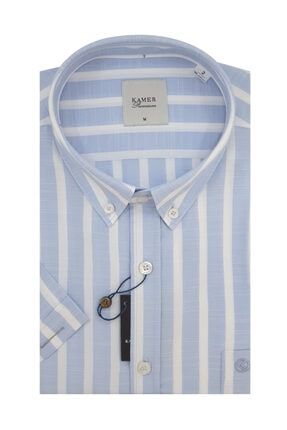 Erkek Kısa Kol Düğmeli Yaka Çizgili Mavi Gömlek %60 Pamuk %40 Polyester Kısakol 9002ma