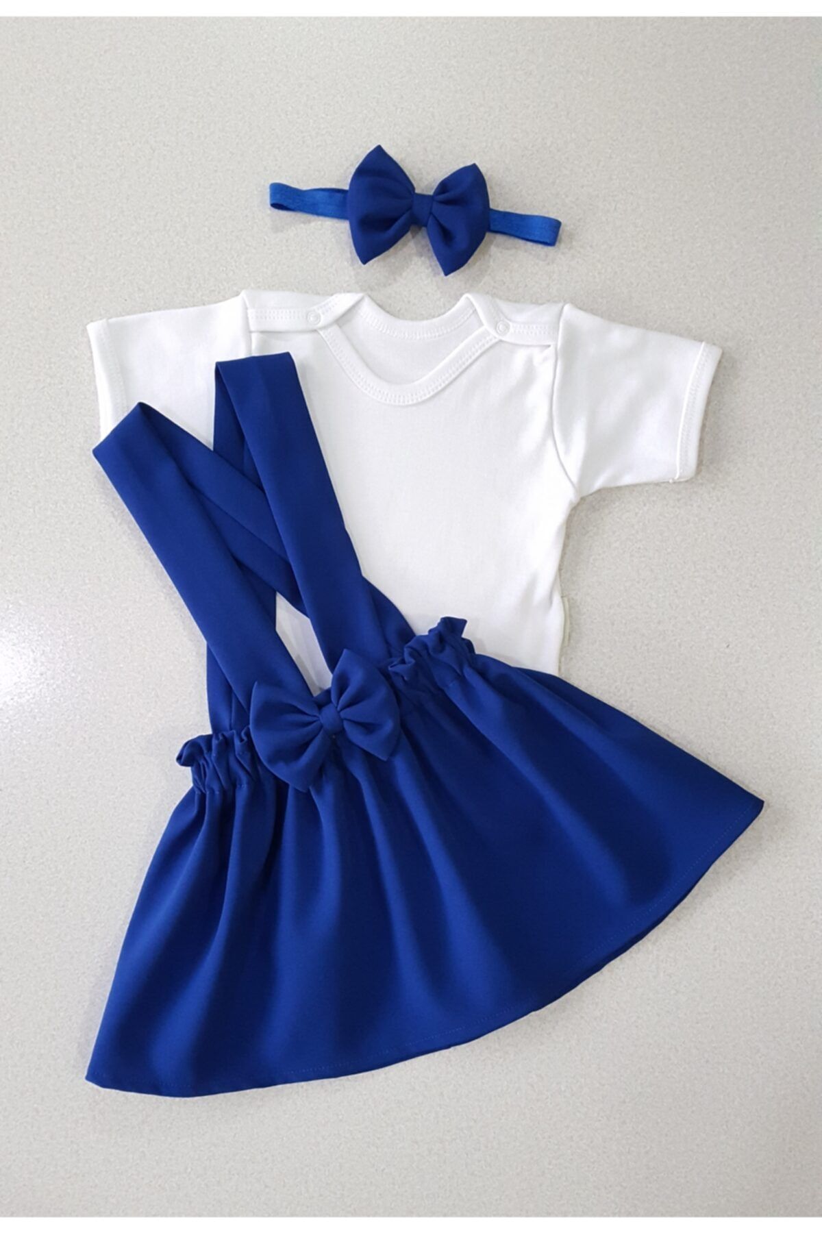 Saks Mavi Krep Elbise Bandana Ve Badi Takım