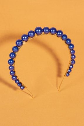 Kadın Gold Detaylı Mavi Renk Kristal Incili Lüx Model Taç Saç Bandı BHT-0500