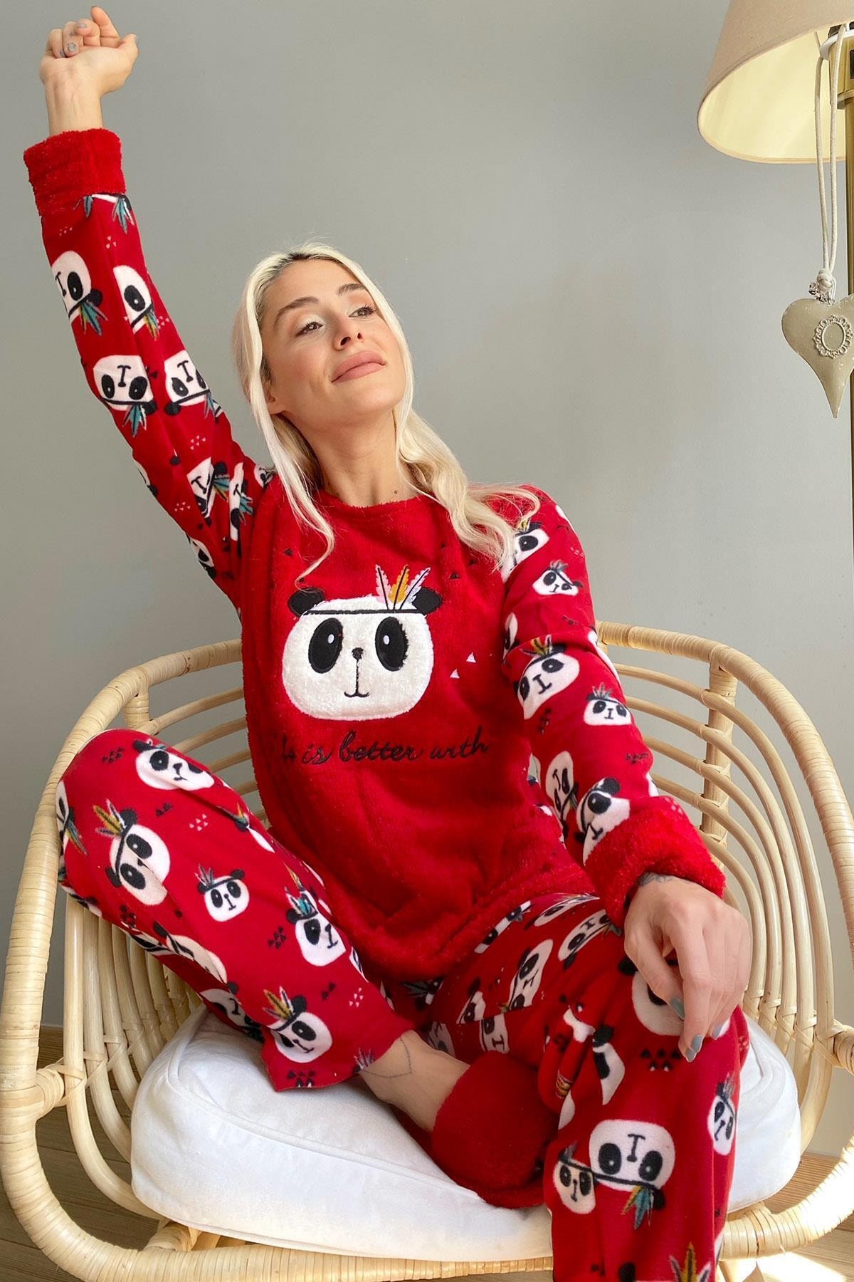 Life Panda Desenli Kadın Peluş Pijama Takımı