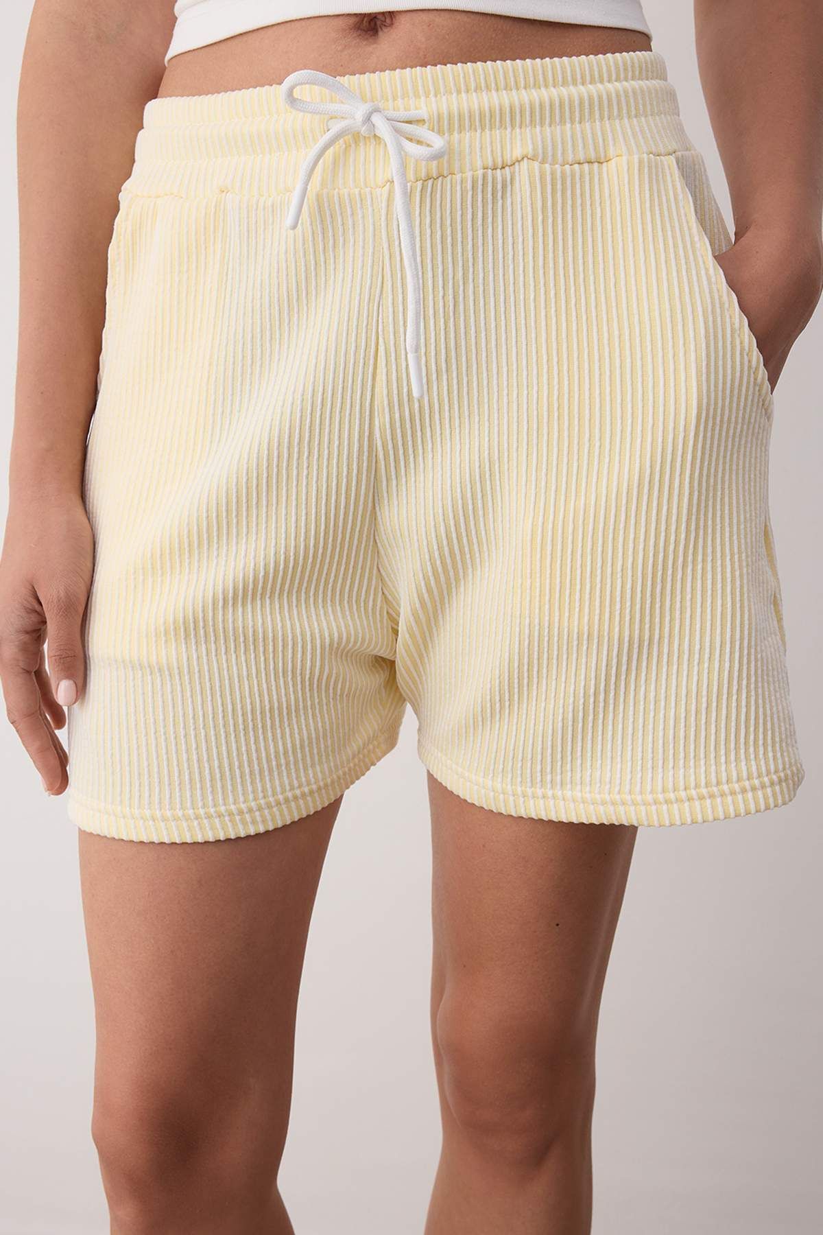 Trendyol Collection-Yellow Striped Drawstring Elastic Waist Mini Knitted Shorts & Bermuda Twoss25Sr00235 3