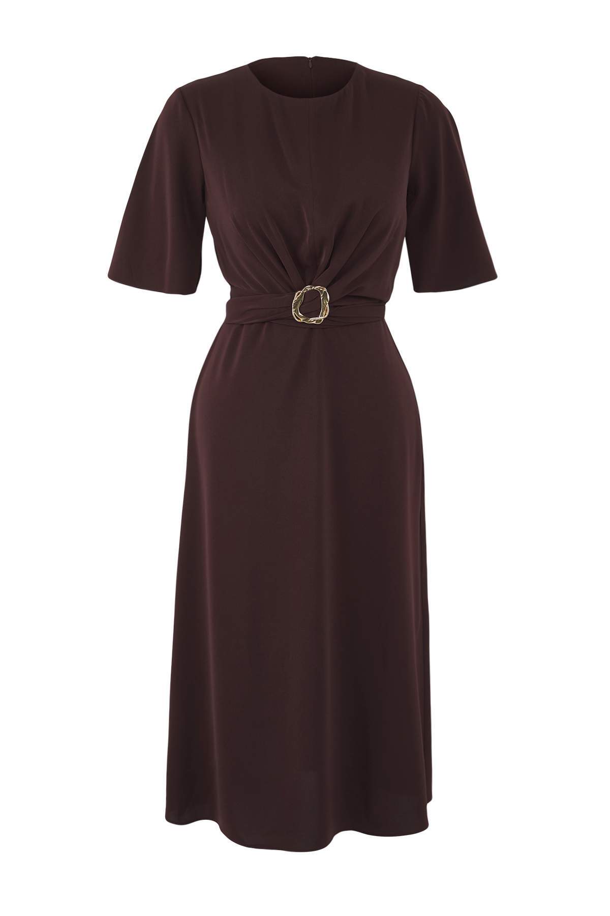 Trendyolmilla  Özel Koleksiyon Kahverengi Düz Aksesuar Detaylı Midi Dokuma Elbise TWOAW26EL00067 - Görsel 5