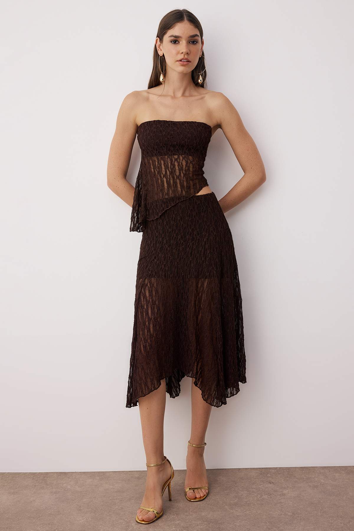 Trendyolmilla  Kahverengi Düz Straplez Kolsuz Örme Dantel Şık/Gece Alt - Üst Takım TPRSS25AU00011 - Görsel 2