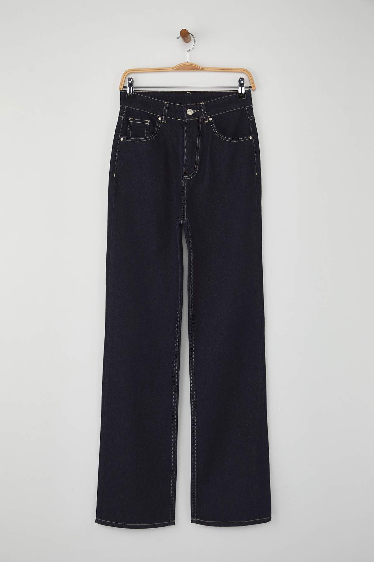 Trendyolmilla  Koyu Mavi Yüksek Bel Straight/Düz Kesim %100 Pamuk Jeans TWOAW26JE00025 - Görsel 5