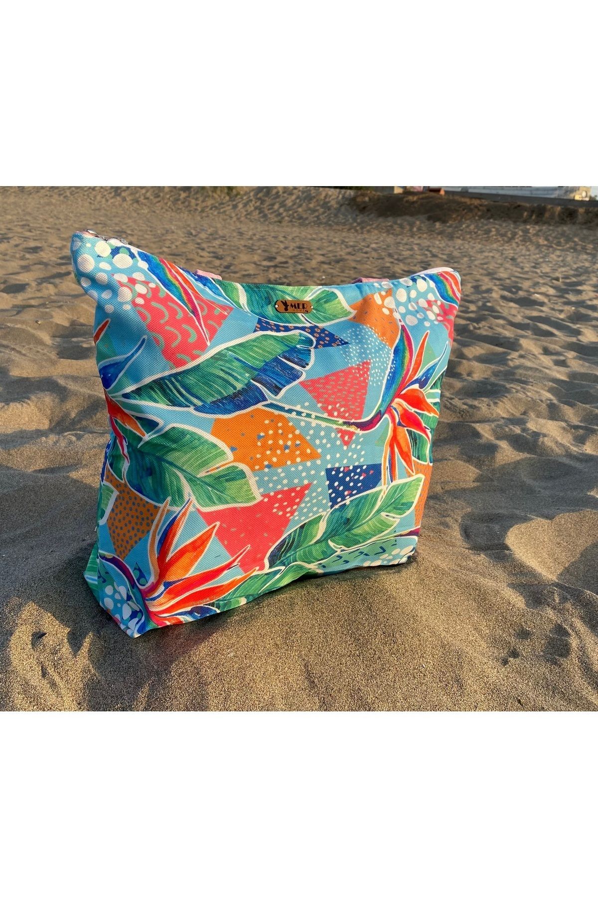 MER HOME-Leaf Abstract Patterned Zippered Lined Beach Bag Casual Shoulder Bag 4