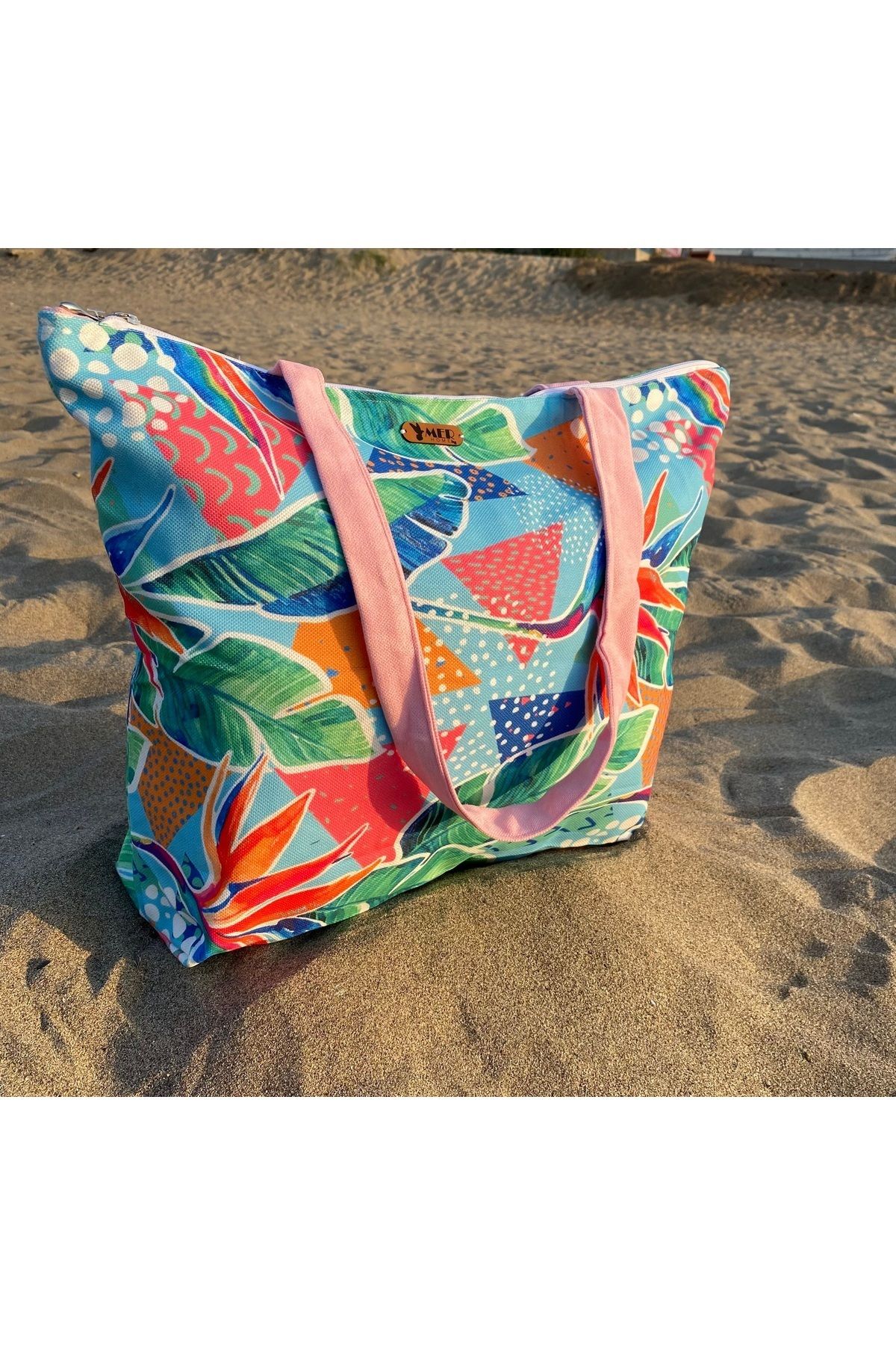 MER HOME-Leaf Abstract Patterned Zippered Lined Beach Bag Casual Shoulder Bag 5