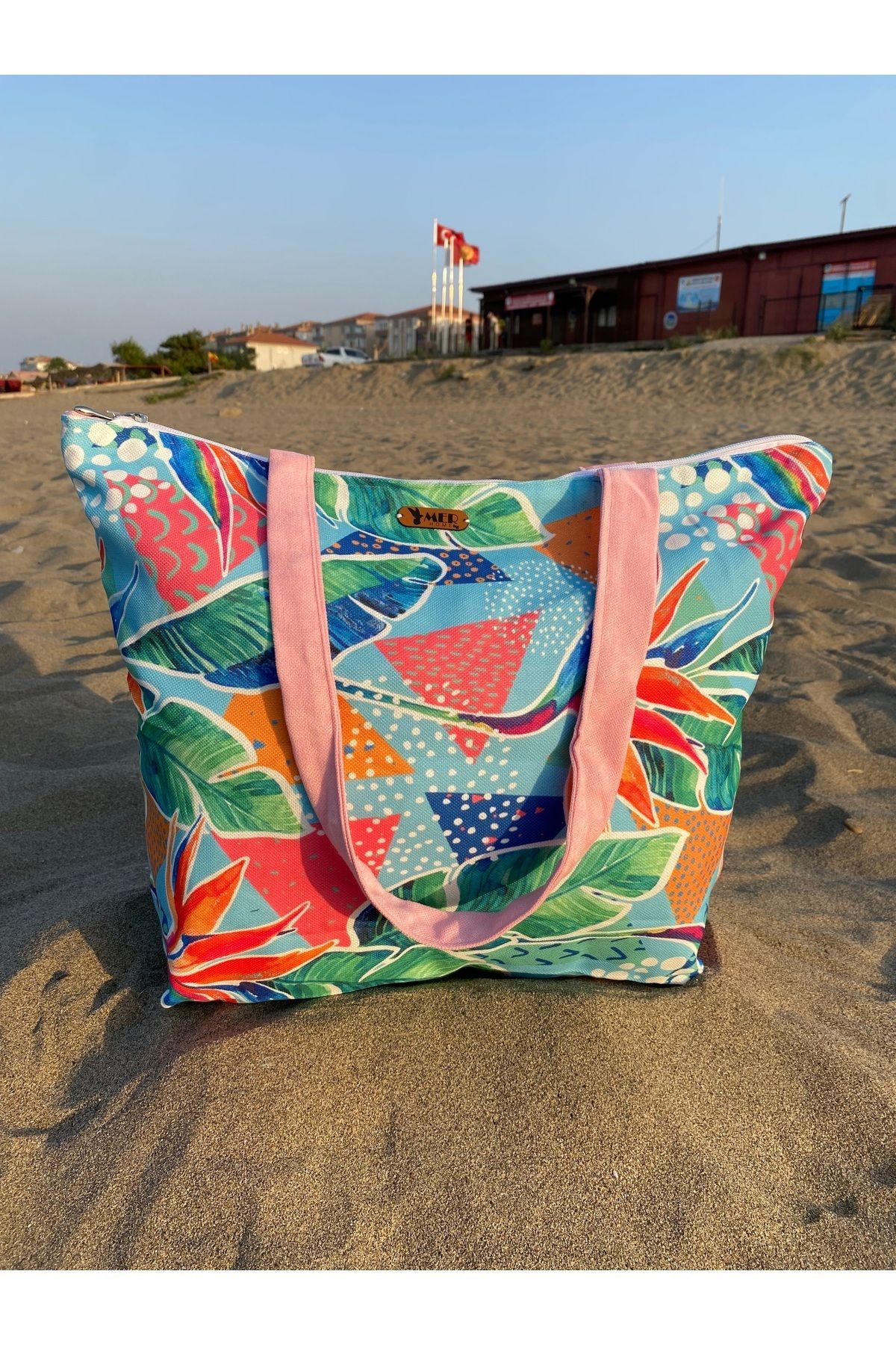 MER HOME-Leaf Abstract Patterned Zippered Lined Beach Bag Casual Shoulder Bag 8