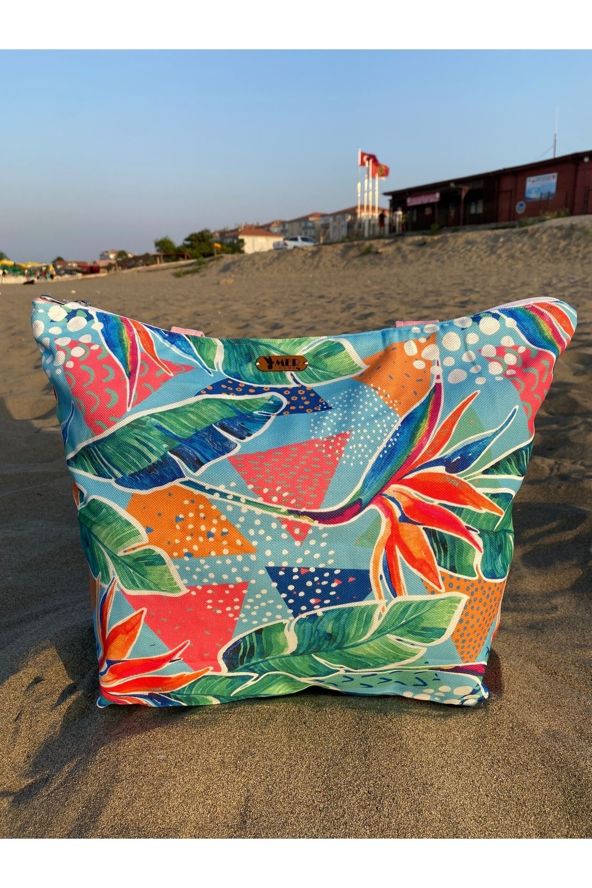 MER HOME-Leaf Abstract Patterned Zippered Lined Beach Bag Casual Shoulder Bag 6