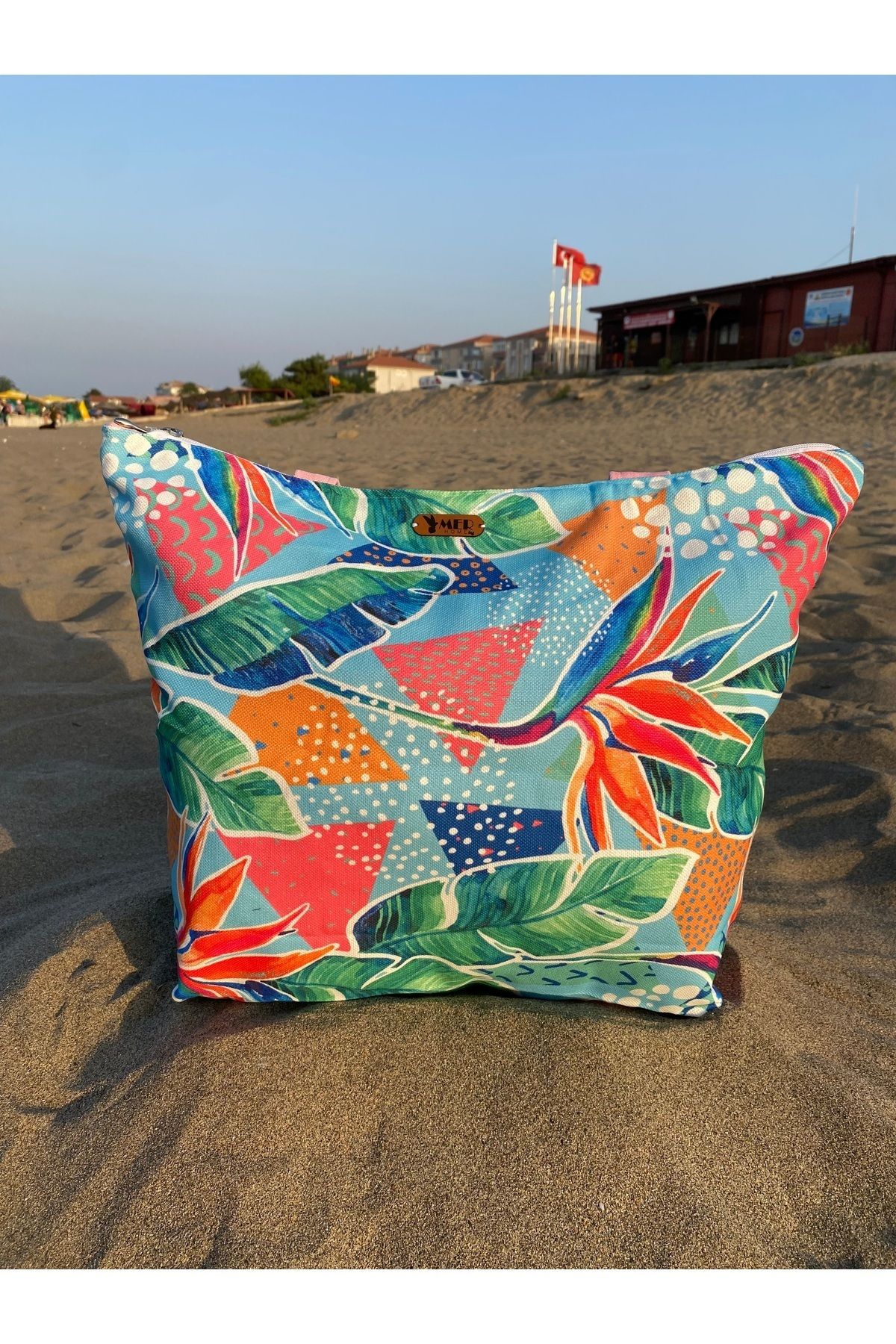 MER HOME-Leaf Abstract Patterned Zippered Lined Beach Bag Casual Shoulder Bag 3