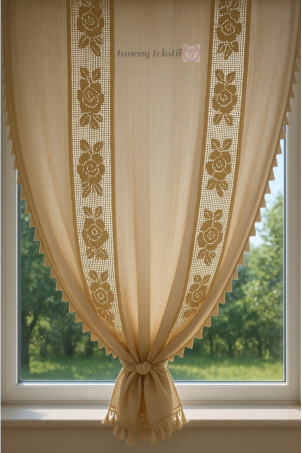 TUNCAY TEKSTİL-Ara Rose Linen Buldan Basement Authentic Pom Pom Curtain Width X Boy Rustic and Compatible with Cornice 2