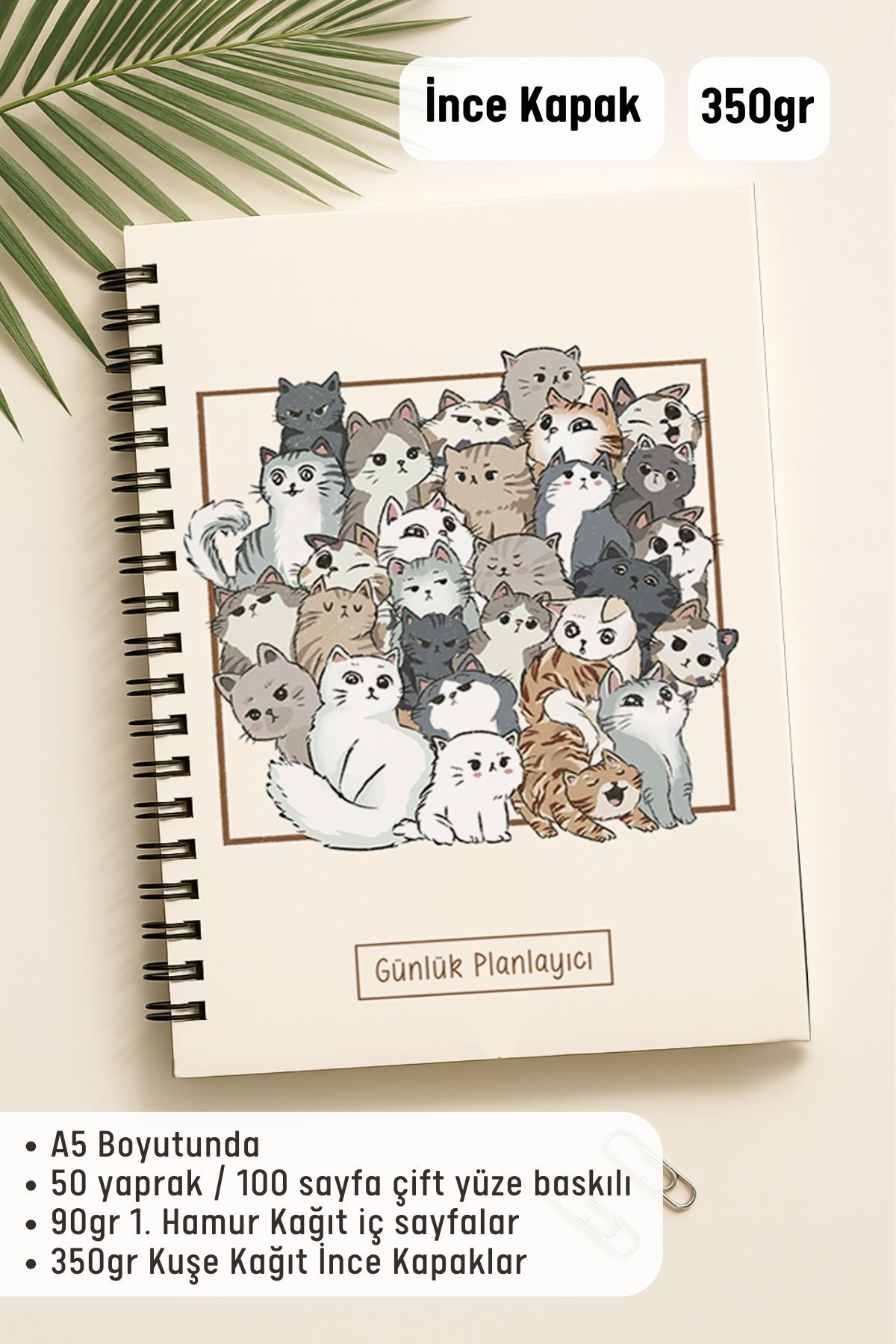 Eldesen Tasarım-Daily Planner A5 Notebook, Notes, to Do, Flexible Cardboard Cover, 100 Days, with Cat 2