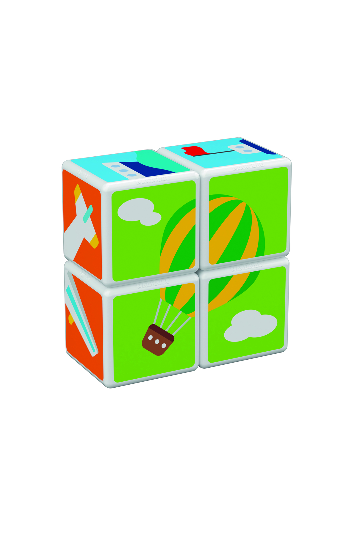 مکعب حمل‌ونقل چاپ‌شده مجیکوب همراه با مکعب‌های مغناطیسی و کارت‌ها، ۷ تکه