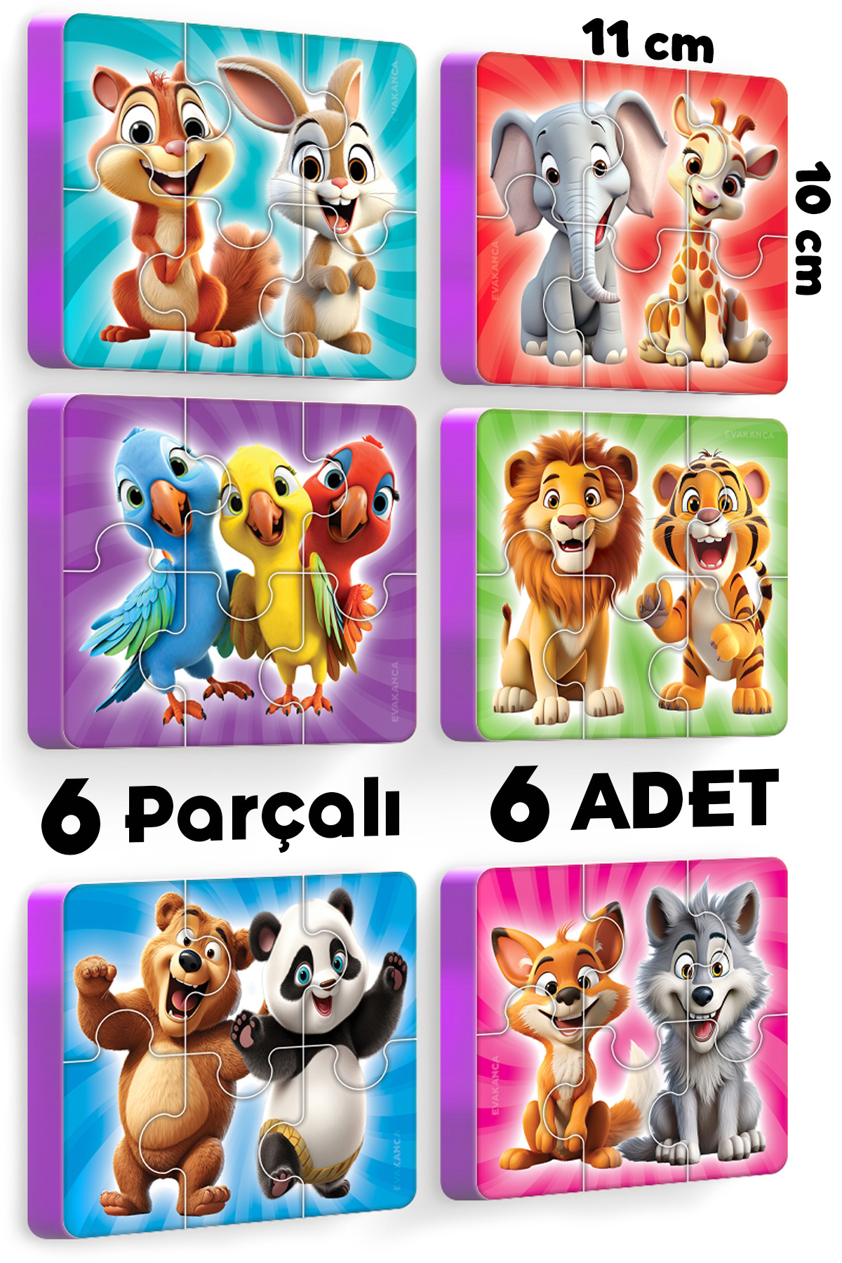 EVAKANCA 6 Parçalı 6 Adet Yaban Hayvanları Kalın Çocuk Puzzle Yapboz