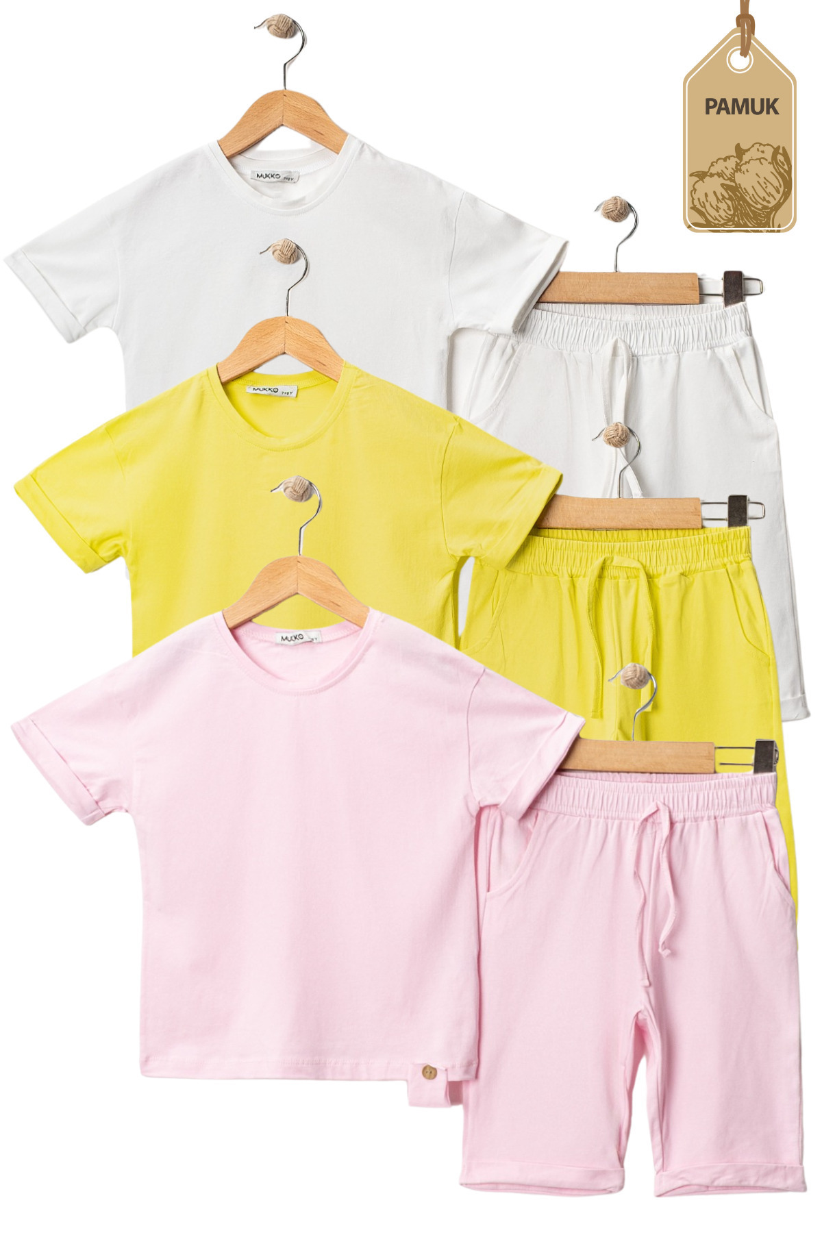 Kız Erkek Çocuk Basic Tshirt Kapri - Yazlık Alt Üst Çocuk Takım (3'lü Set Sarı Beyaz Pudra)