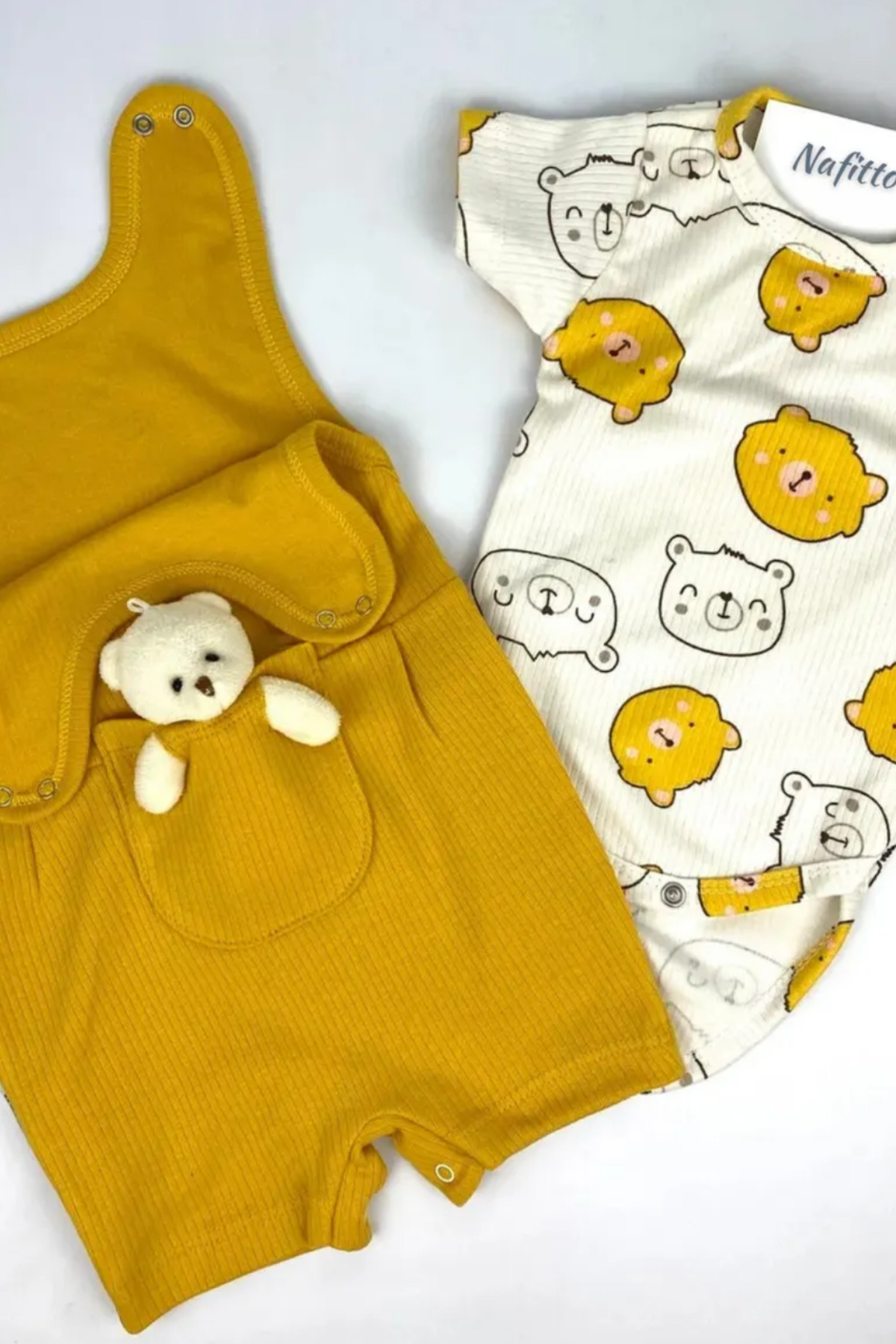 "Summer Teddy Patterned Teddy Bear Baby Romper Set - Combed Cotton Snapsuit and Dungaree Set with Pockets 2-Piece Combination"