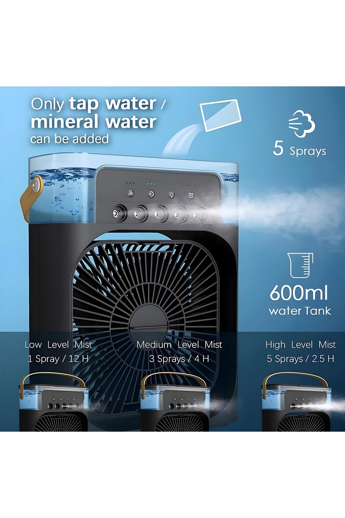 Generic-WEEDASI WD-3555 Portable Air Cooler Fan with Humidifier, LED Light, Timer, and Adjustable Fan Black 4