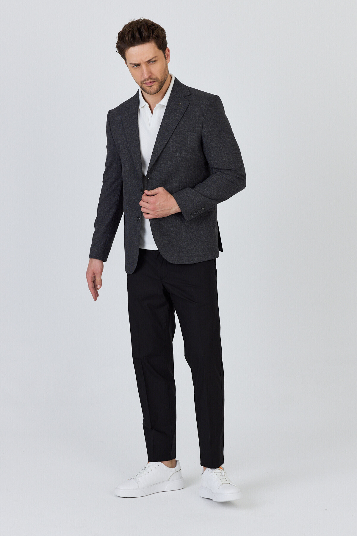 Frappoli  Tadic Erkek Siyah Desenli Esneyen Kumaş Slim Fit Kapak Cepli Yarım Astar 4 Mevsim Blazer Ceket - Görsel 7