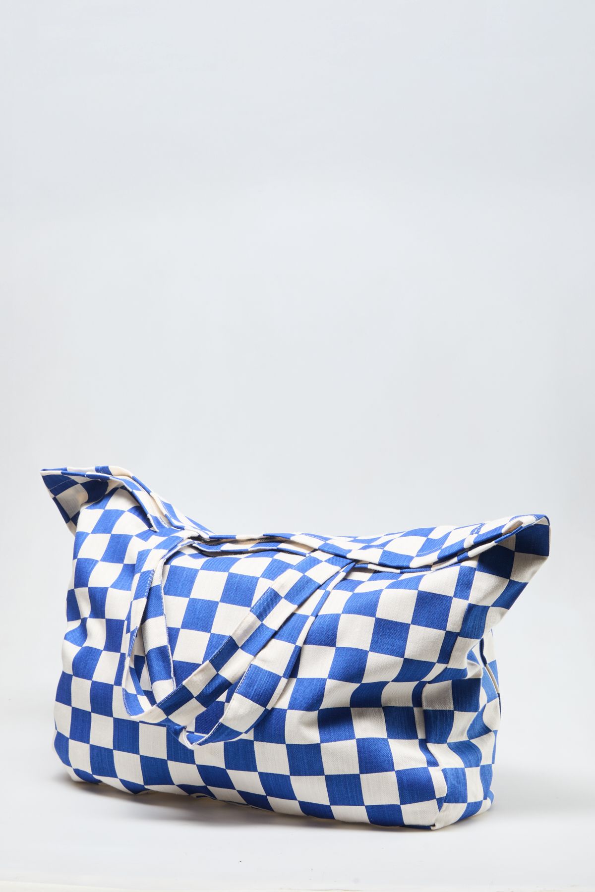 minaaise-Saks Checkerboard Patterned Oversize Canvas Tote Bag 7