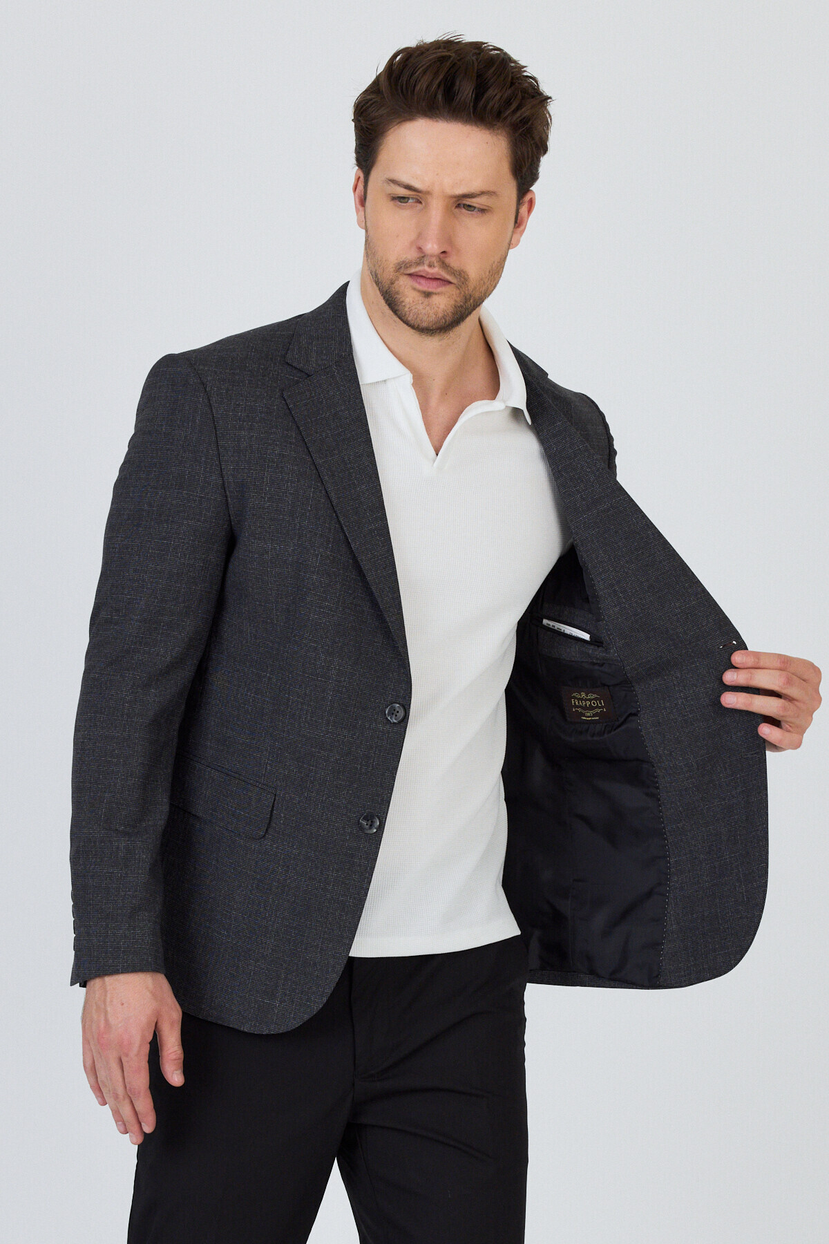 Frappoli  Tadic Erkek Siyah Desenli Esneyen Kumaş Slim Fit Kapak Cepli Yarım Astar 4 Mevsim Blazer Ceket - Görsel 5