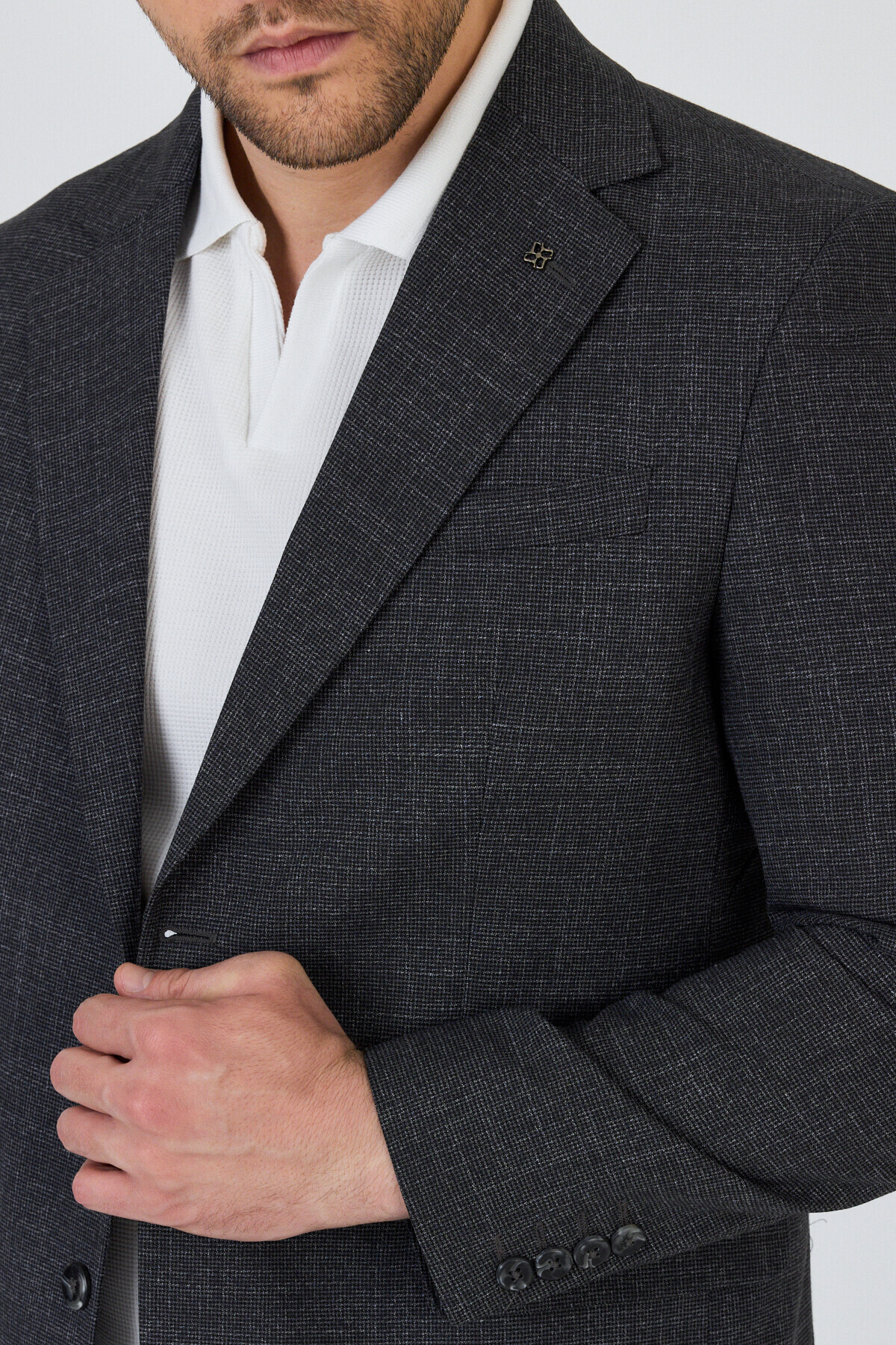 Frappoli  Tadic Erkek Siyah Desenli Esneyen Kumaş Slim Fit Kapak Cepli Yarım Astar 4 Mevsim Blazer Ceket - Görsel 2