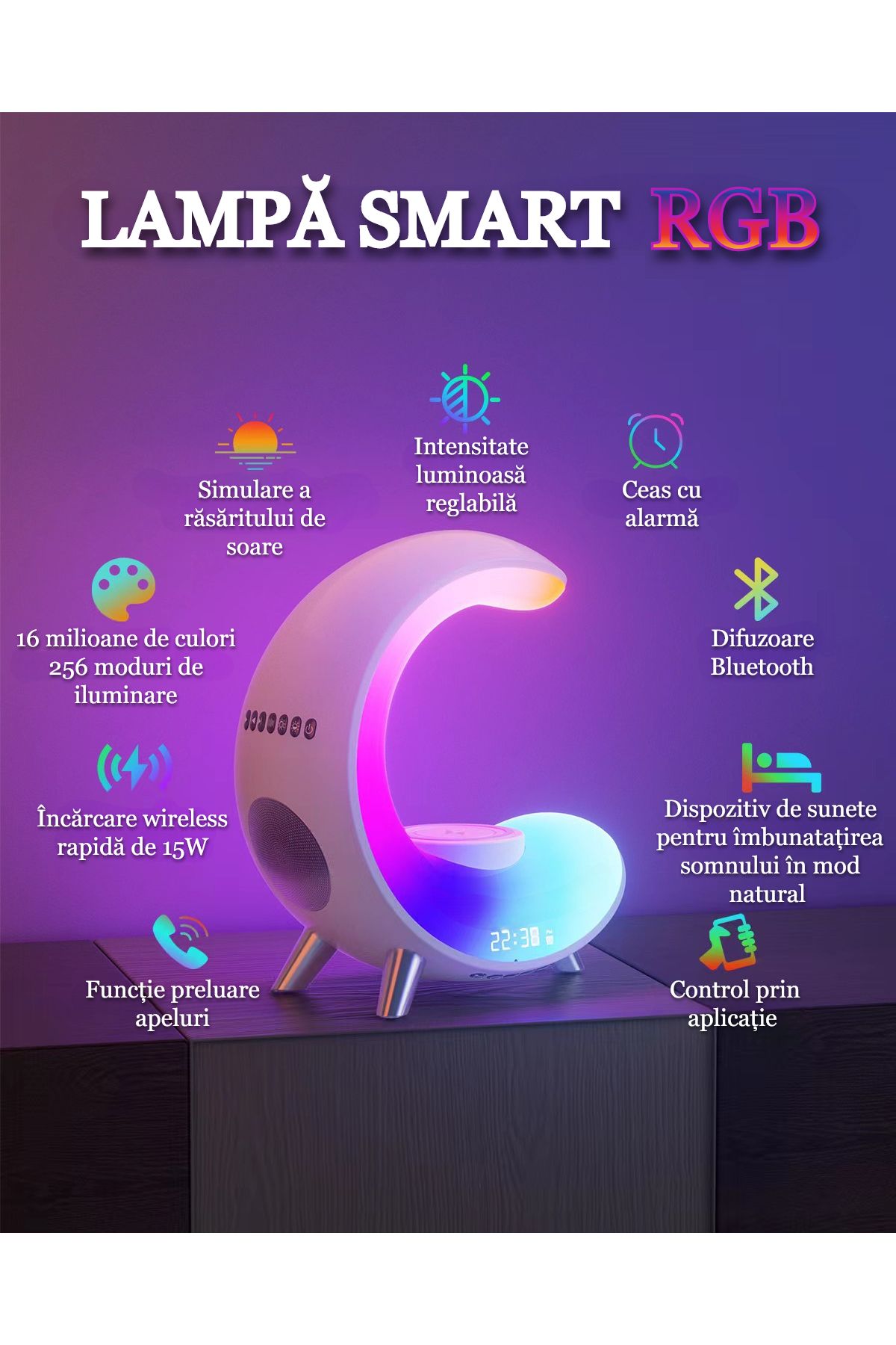 VENTLEX-Multifunctional RGB LED Smart Lamp, App Control, Bluetooth Speakers, Digital Clock Display, White 3