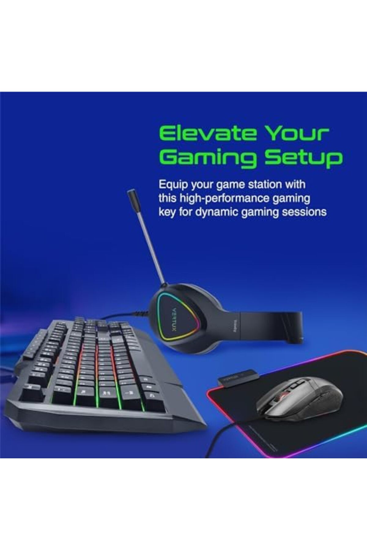 VERTUX-4 In 1 Gaming Starter Kit, LED Headphone With Mic, Ergonomic Keyboard, 3600DPI Mouse, LED MousePad 6