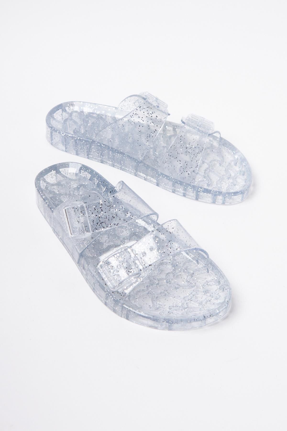 Mubiano-Summer Women's Jelly Transparent Gray Glitter Flat Slippers-Mstb165-Sgs 1