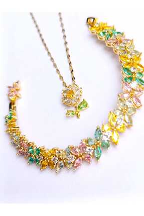 RSB Bijuteri Bileklik ve Zincirli kolye Zirkon Taş Altın Kaplama 316 L Çelik ...