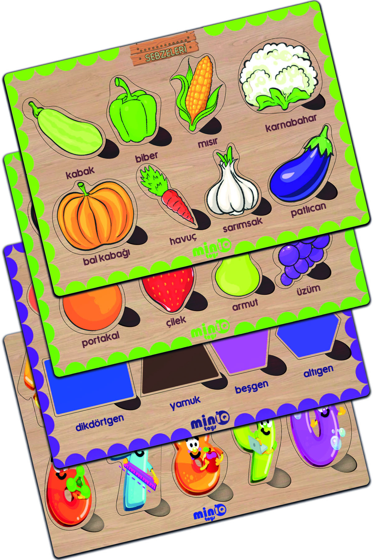 Wooden Turkish Vegetables+fruits + shapes+numbers Set of 4 Educational Puzzle