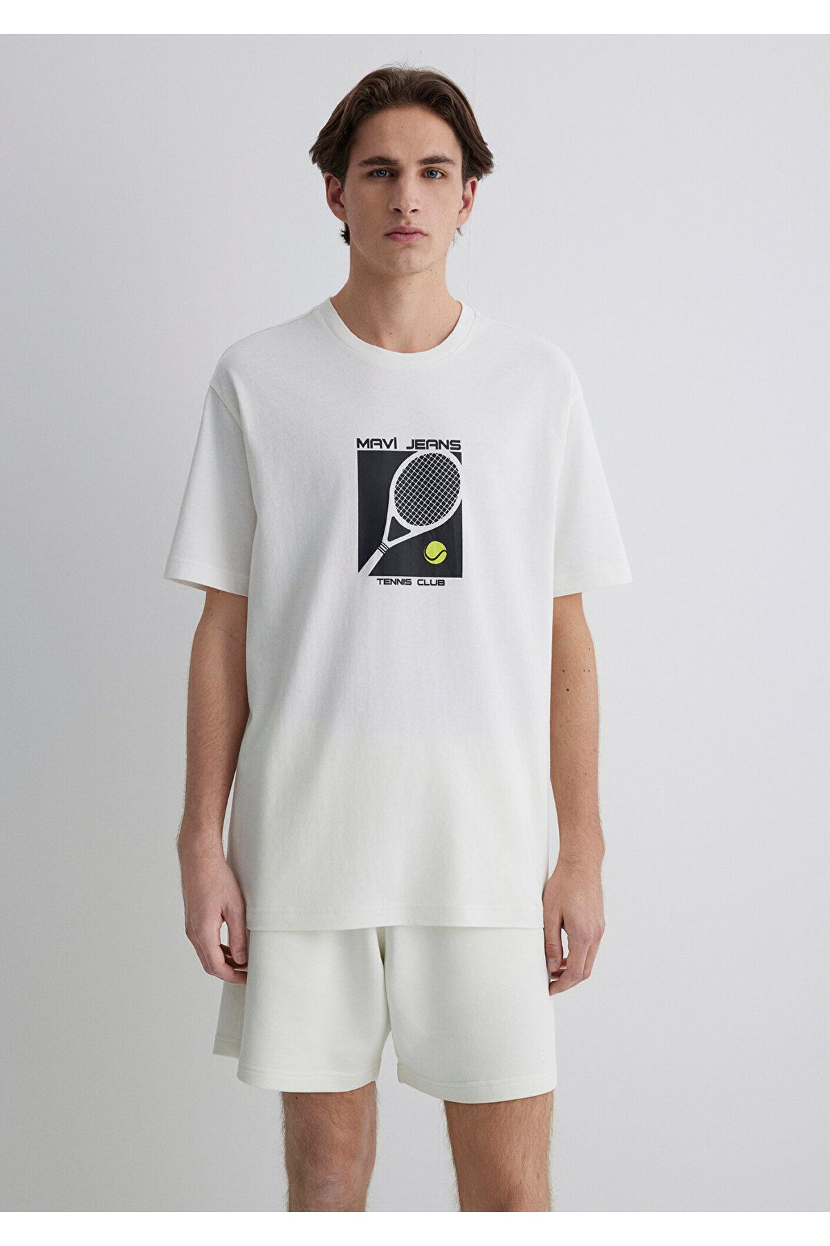 Mavi-Tennis Logo Printed Ecru T-Shirt Loose Fit / Loose Relaxed Cut 0612707-70057 5