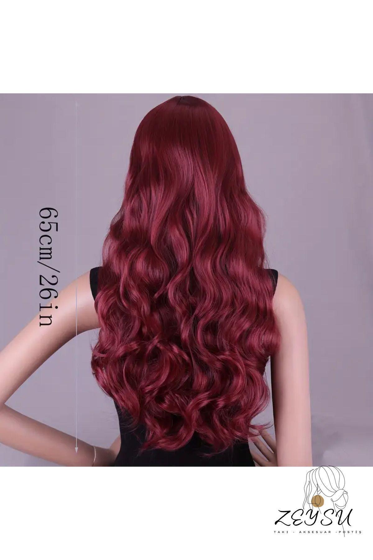 Zeysum-Wine Red Wavy Hair Snap Hairpiece Fake Hair 60 cm 120Gr Heat Resistant Half Moon 1