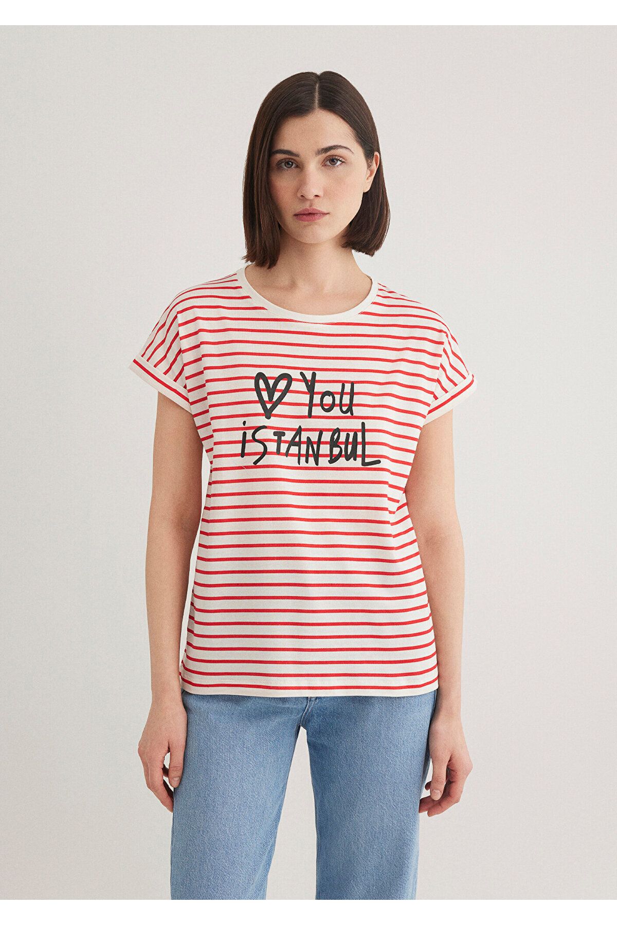 Mavi-Love You bedrucktes gestreiftes Istanbul-T-Shirt mit normaler Passform 167986 -26829 4