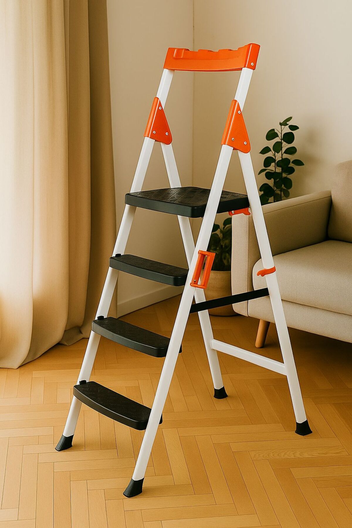 Lorien Dayanıklı Metal Merdiven 3+1 Beyaz Geniş Basamaklı Ev Ve Iş Merdiven